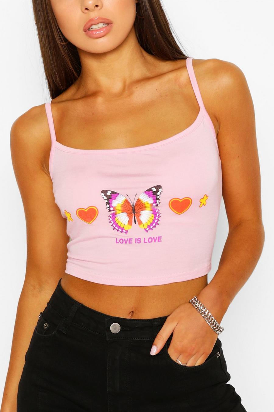 Pink Butterfly Slogan Print Cami Crop Top image number 1