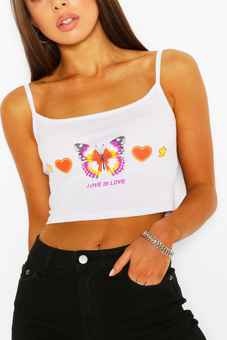 White Butterfly Slogan Print Cami Crop Top image number 1