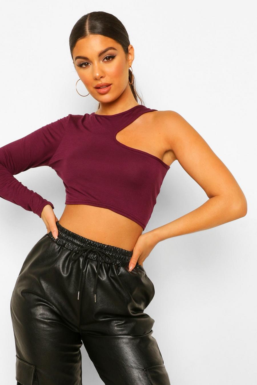 Langärmliges Crop Top mit Cut-Out, Berry image number 1