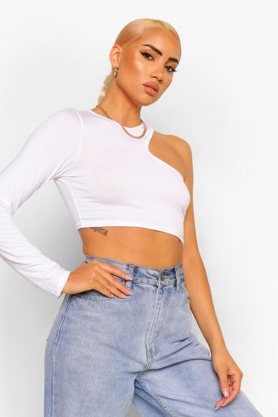 White Långärmad crop top med cut-outs image number 1
