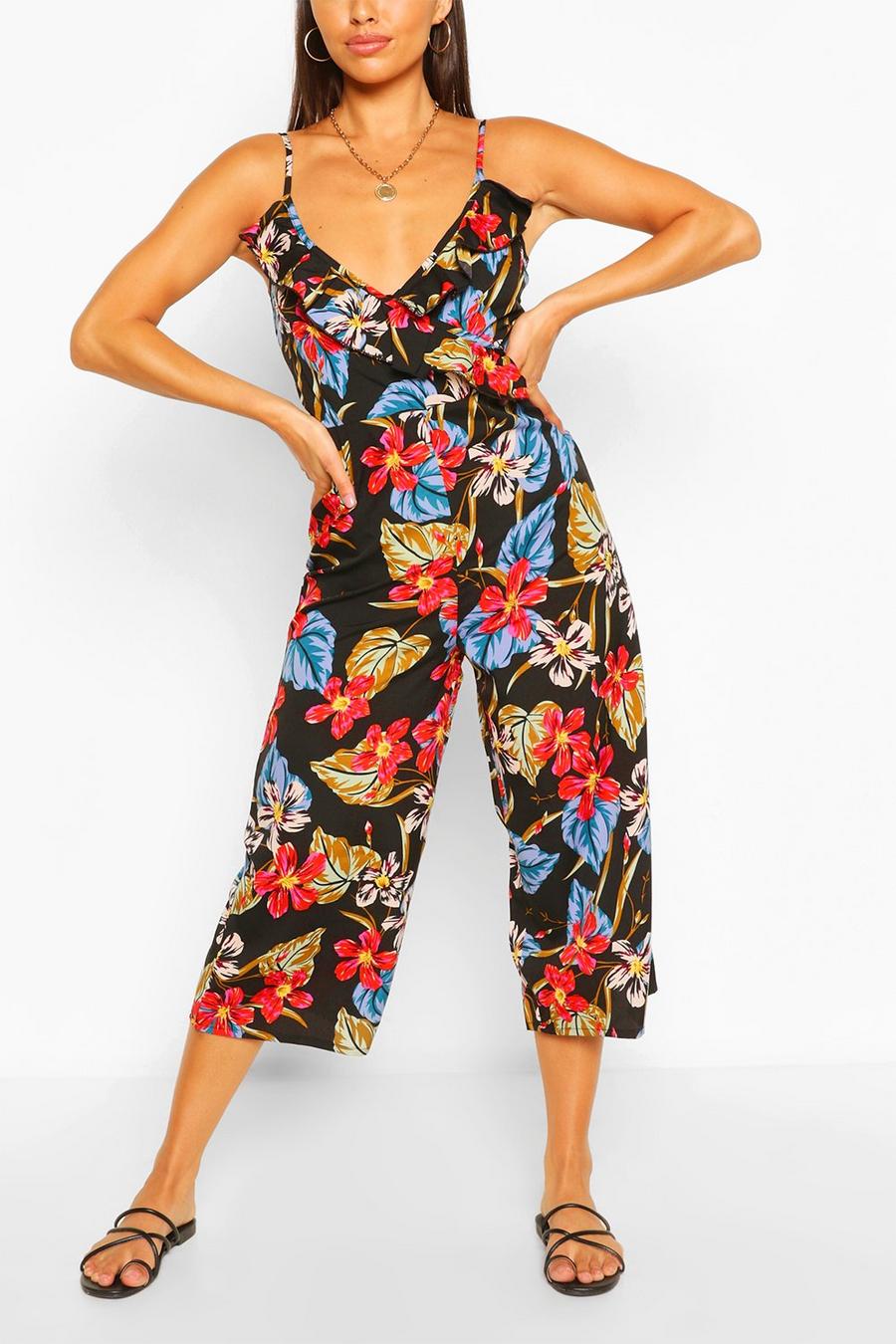 Culottes-Jumpsuit mit schmalen Trägern und tropischem Blumenmuster image number 1