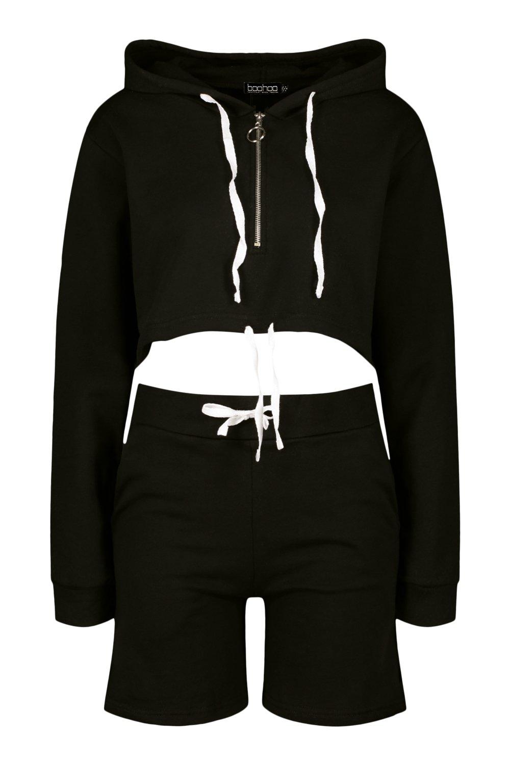 Half Zip Crop Hoodie And Short Set boohoo