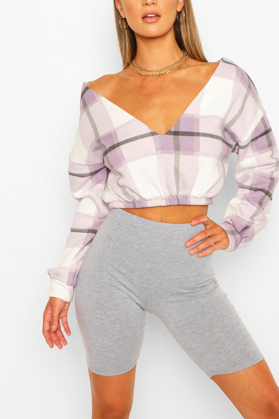 Lilac Flannel V Neck Crop Sweatshirt image number 1