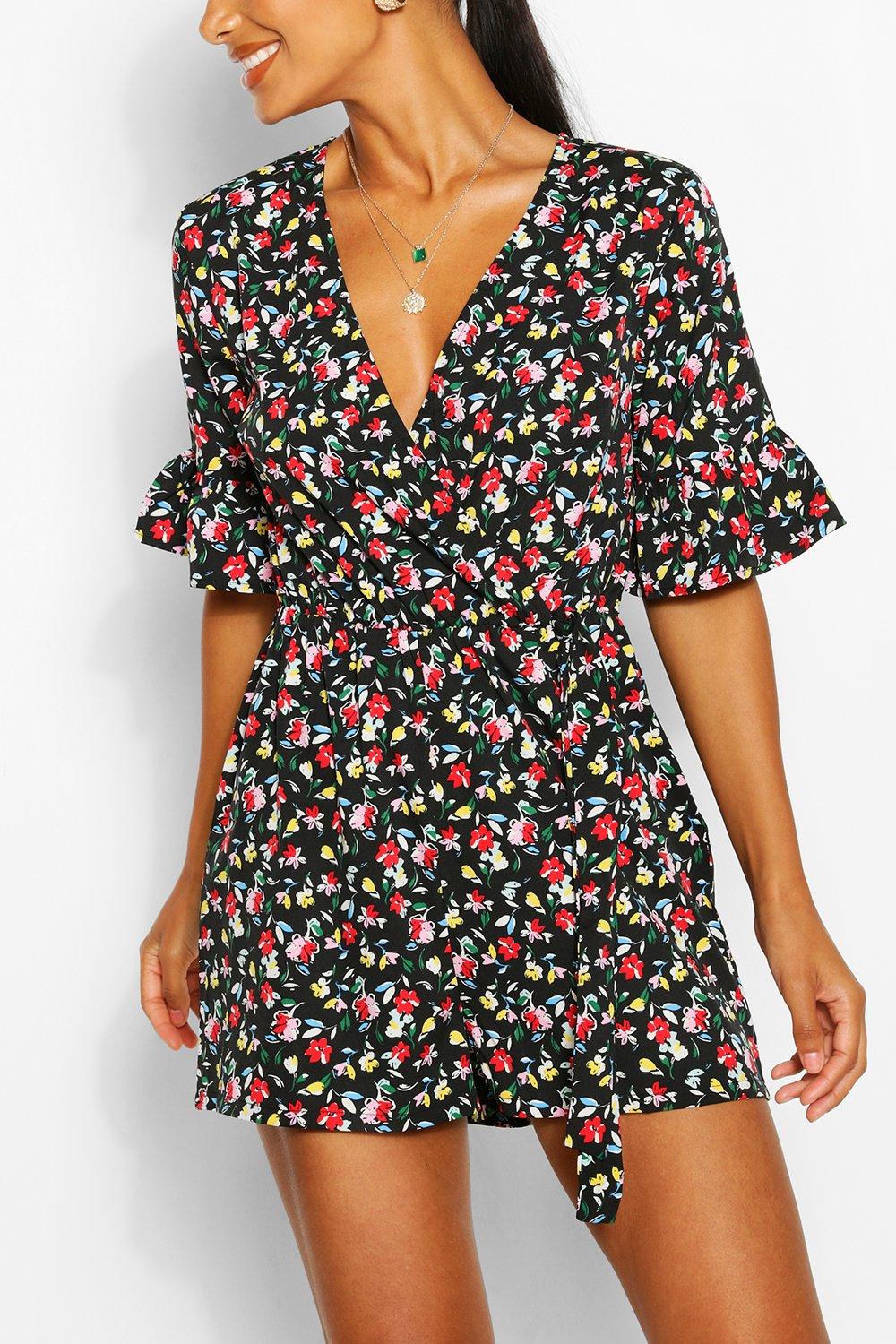 Women's Ditsy Floral Belted Ruffle Playsuit | Boohoo UK