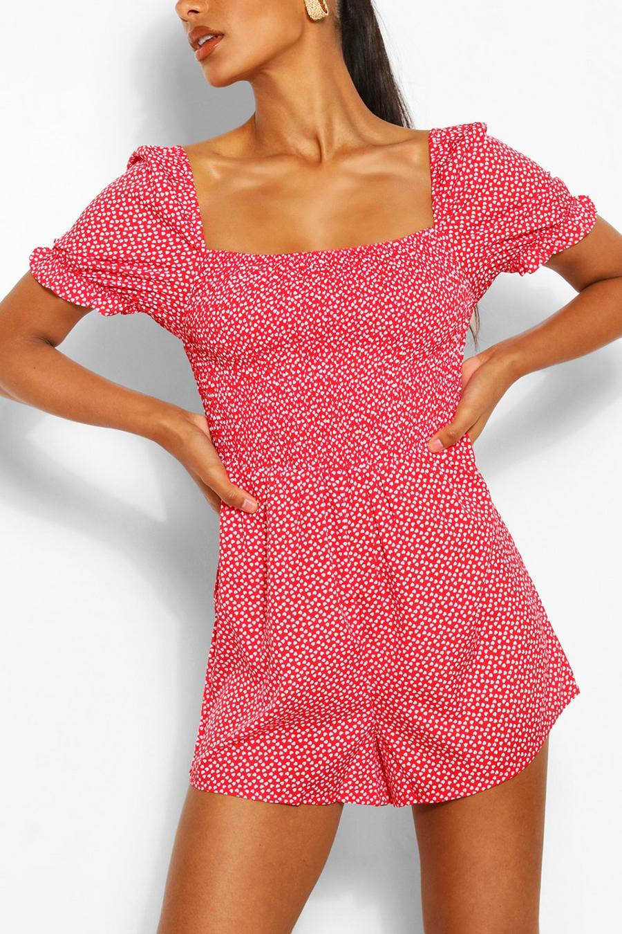 Ditsy Heart Print Shirred Puff Sleeve Playsuit image number 1