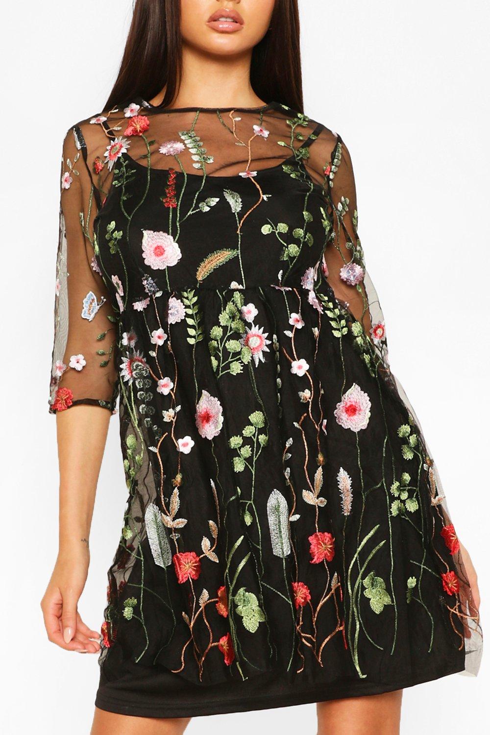 Plus Floral Embroidery Mesh Insert Butterfly Sleeve Dress