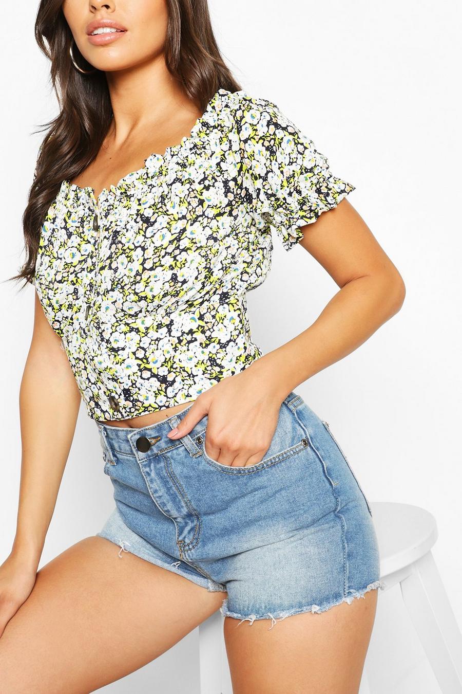 Black Woven button through floral crop top image number 1