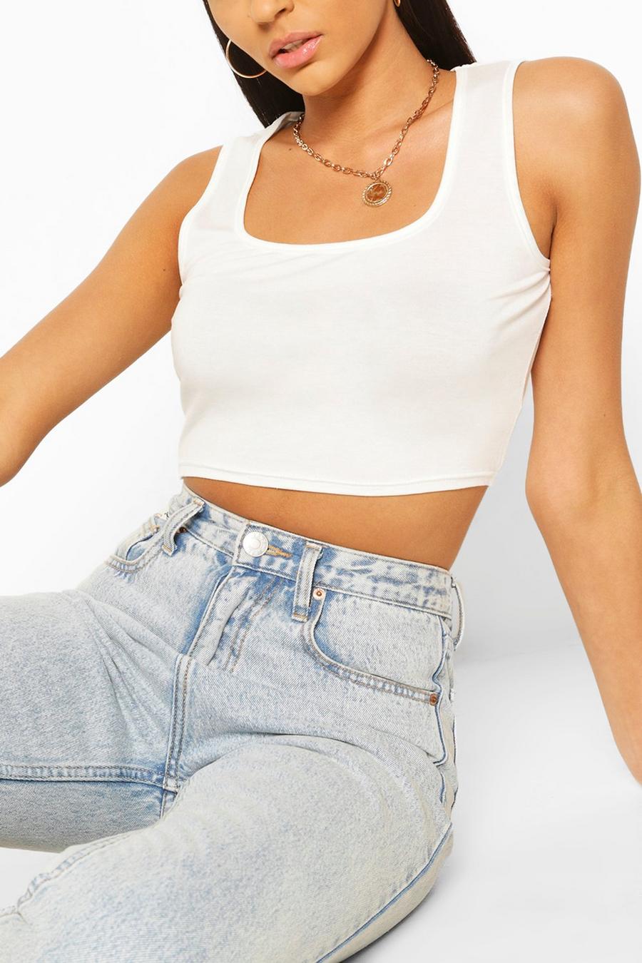 Ivory Thick Strap Square Neck Crop Top image number 1