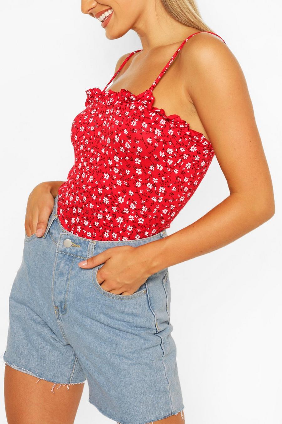 Red Ditsy Print Rib Ruffle Detail Strappy Cami image number 1
