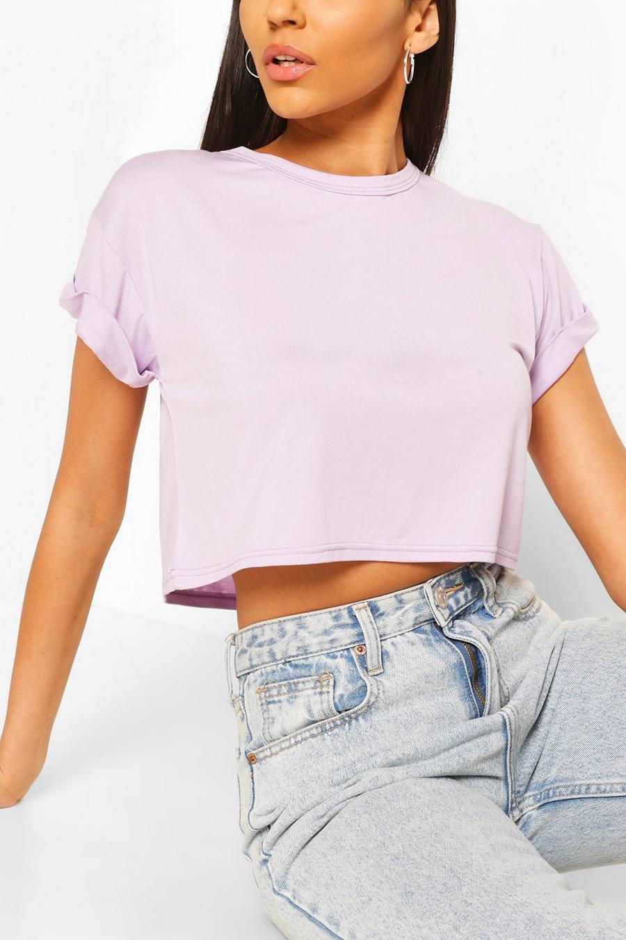 Lilac Basic Roll Sleeve Crop T-Shirt image number 1