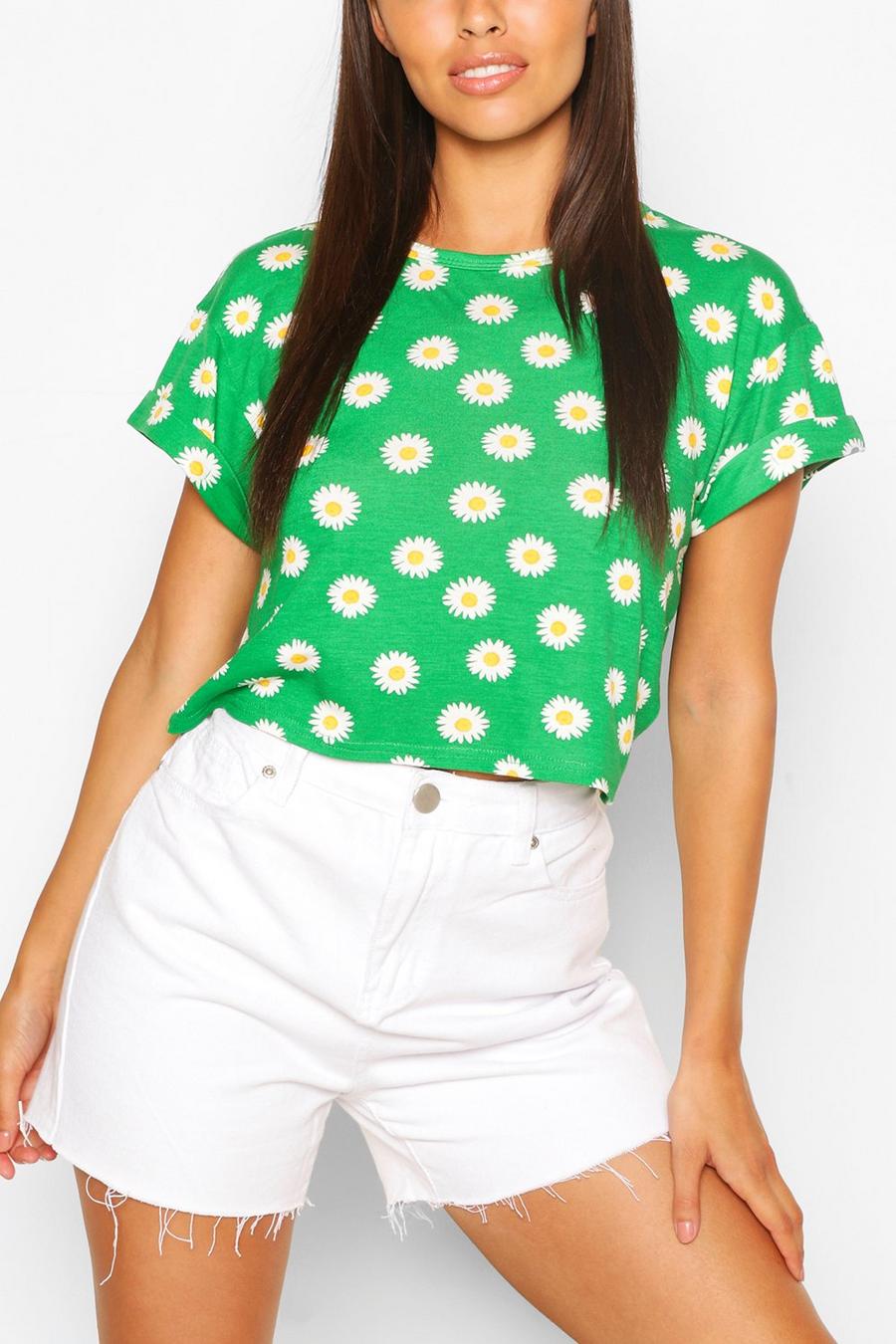 Kurzes Basic T-Shirt mit hochgerollten Ärmeln und Blümchenmuster, Grün vert image number 1