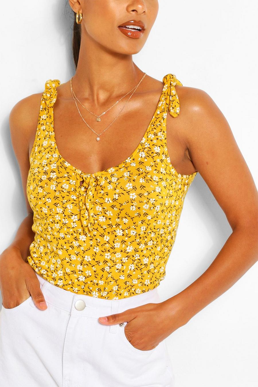 Mustard Ditsy Print Tie Shoulder And Front Tank Top image number 1