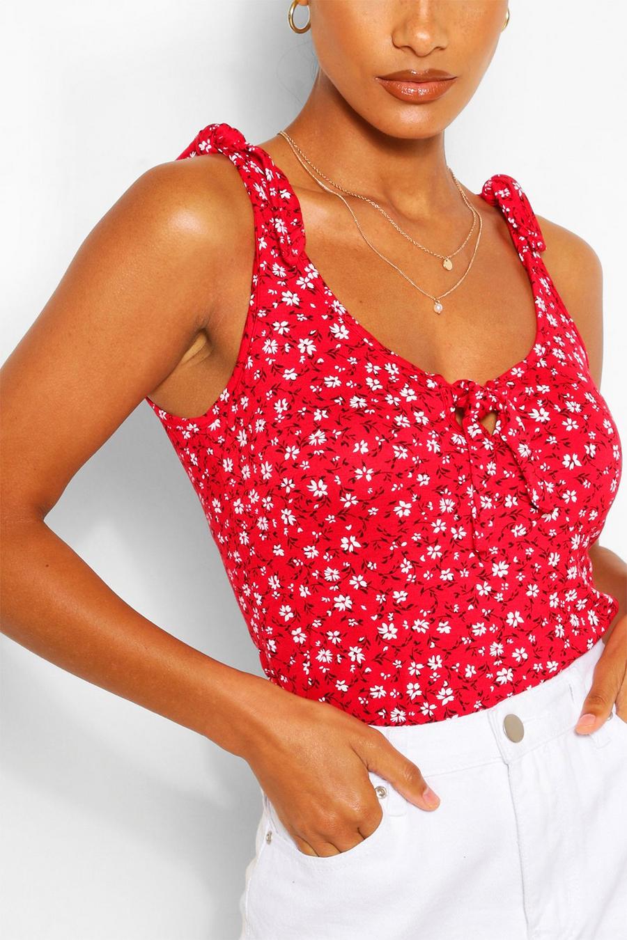 Red Ditsy Print Tie Shoulder And Front Tank Top image number 1