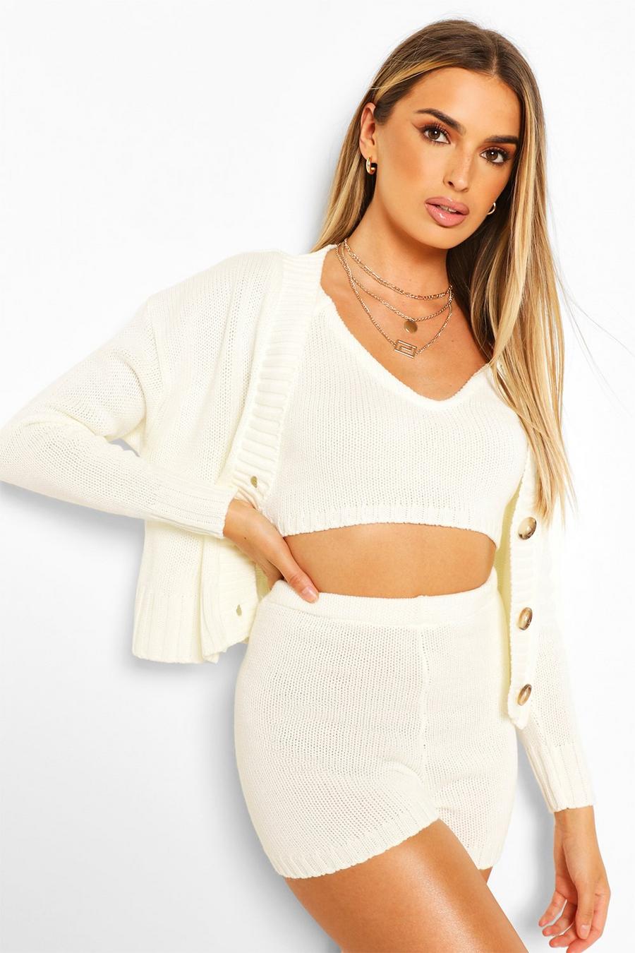 Ivory Knitted Bralet Shorts & Cardigan Co-ord image number 1