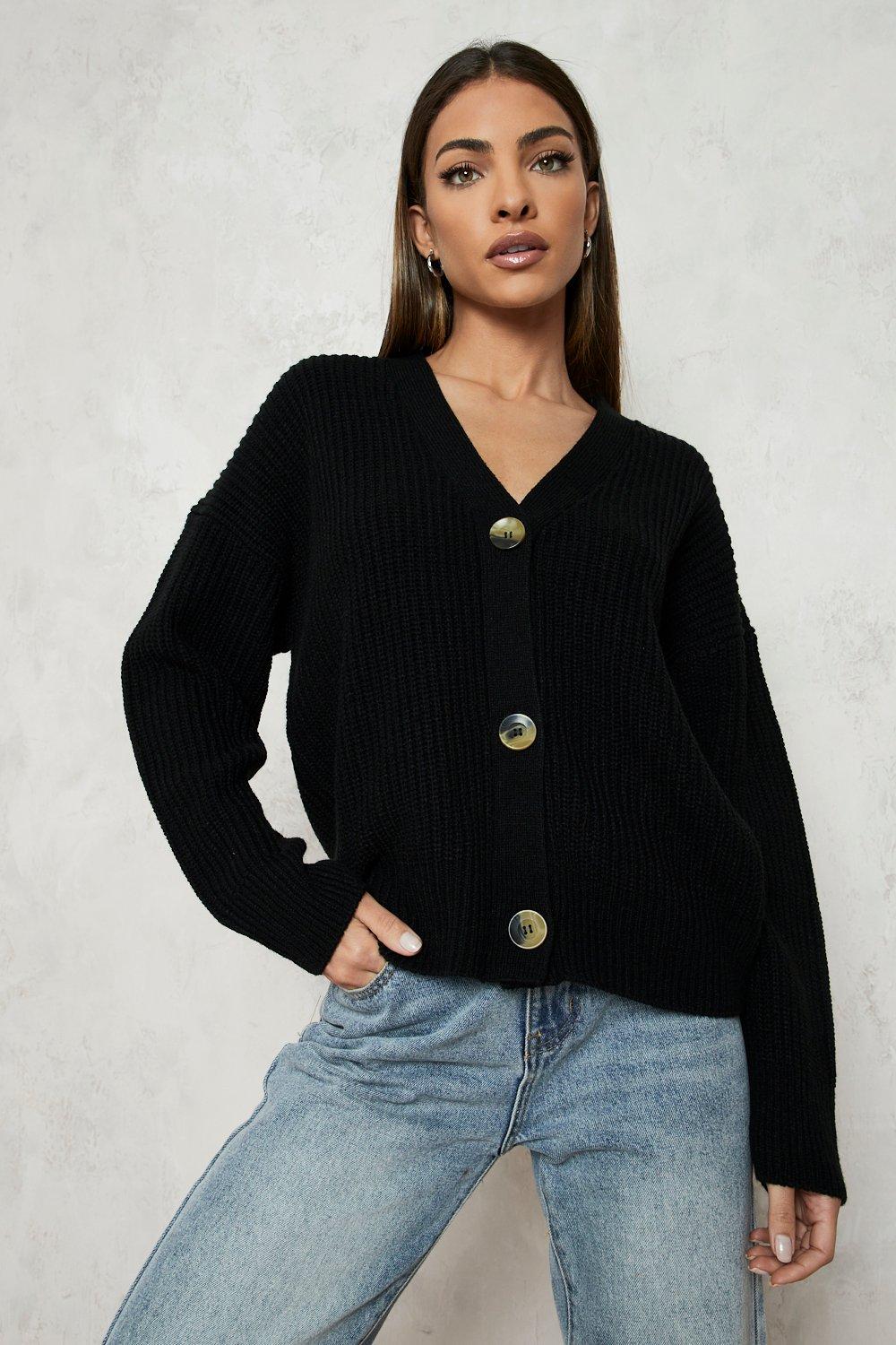 Black Fisherman V Neck Cardigan