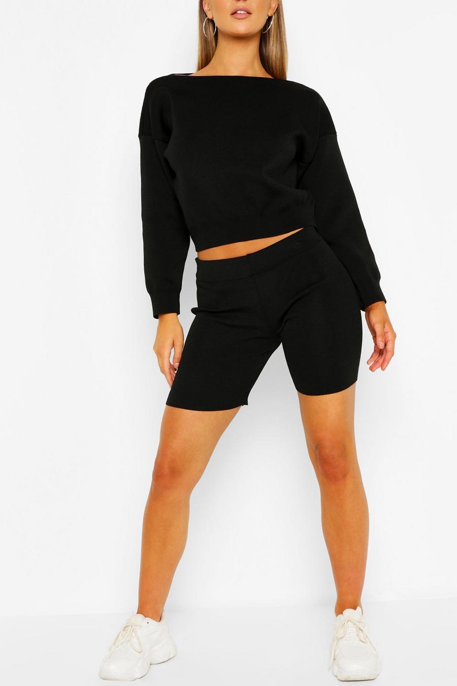 Black Jumper And Cycling Short Knit Loungewear Set image number 1