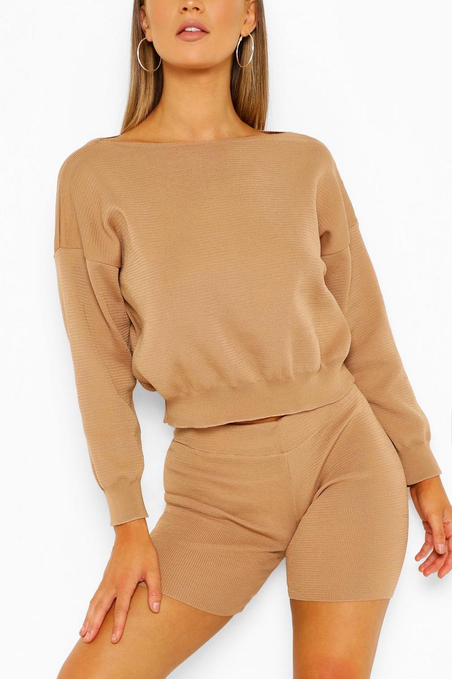 Camel Jumper And Cycling Short Knit Loungewear Set image number 1