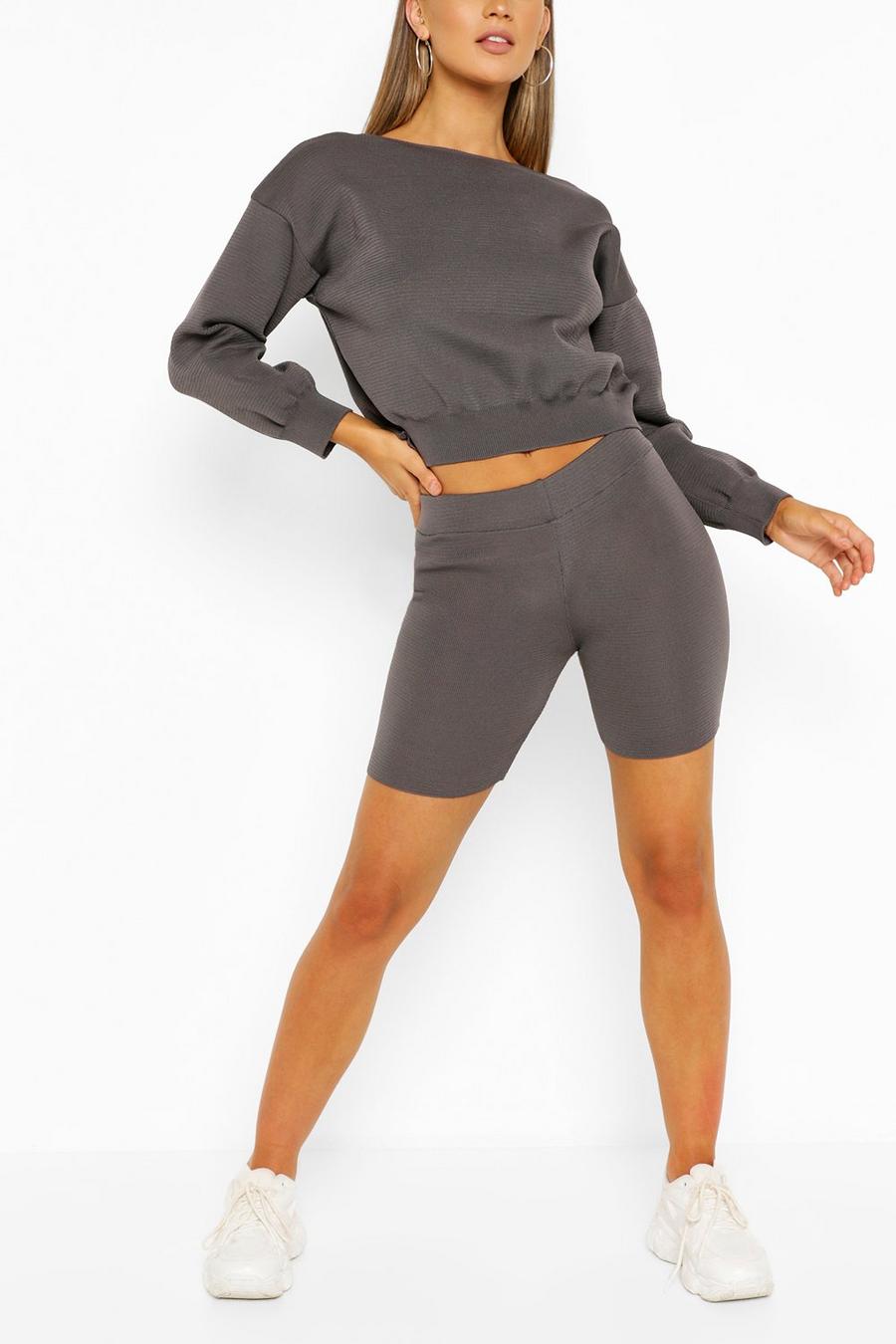Grey Jumper And Cycling Short Knit Loungewear Set image number 1