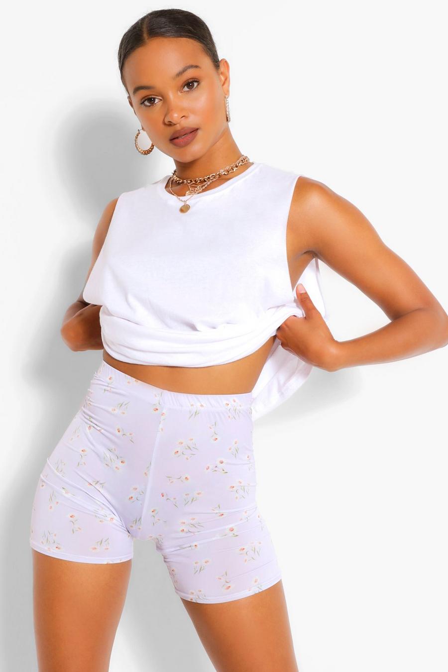 Lilac High Waist Daisy Floral Print Cycling Shorts image number 1