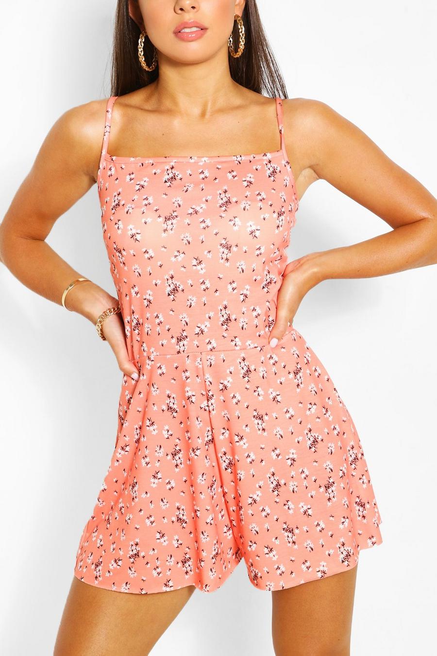Coral Ditsy Floral Print Strappy Swing Playsuit image number 1