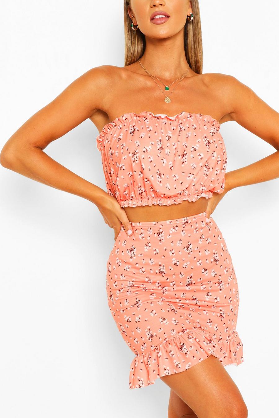 Coral rosa Ditsy Floral Print Ruffle Bandeau And Skirt Co-ord image number 1
