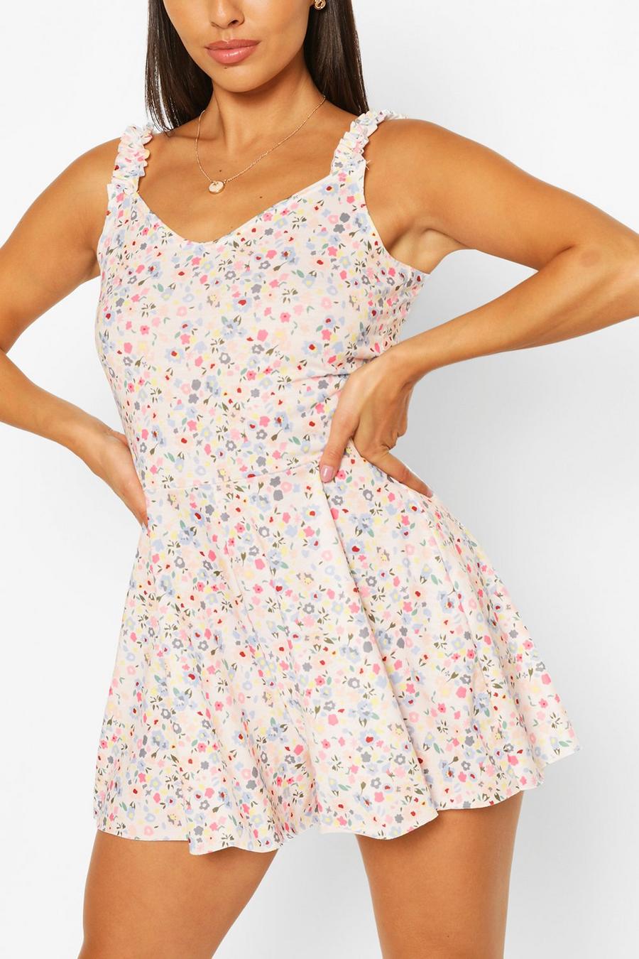 Pink Ditsy Print Frill Strap Swing Romper image number 1