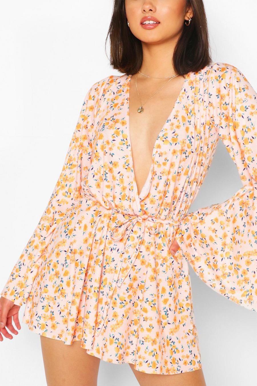 Orange Floral Print Wrap Flare Sleeve Belted Playsuit image number 1