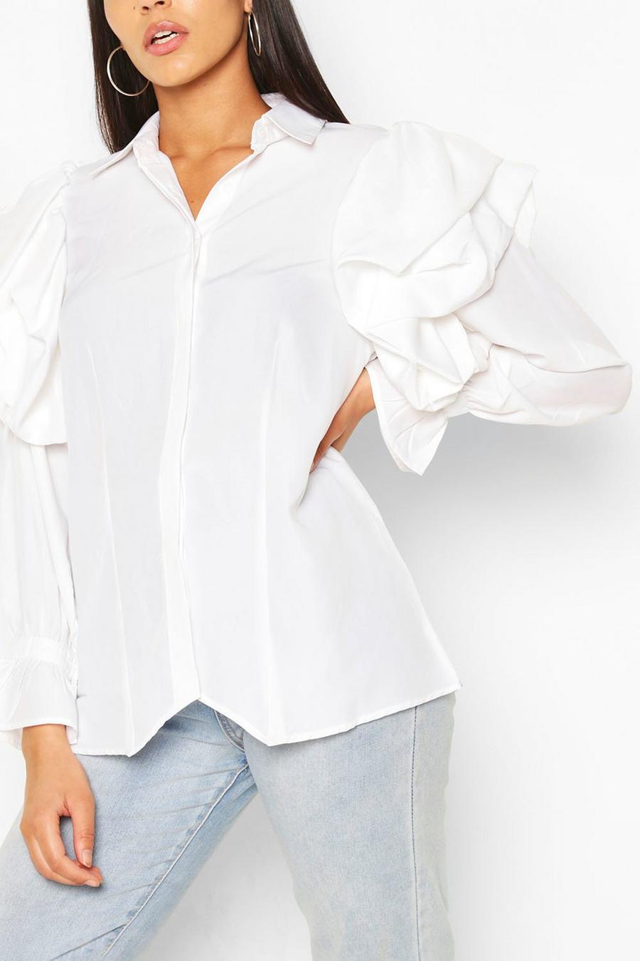 Langärmlige Bluse mit Rüschen, Creme white image number 1