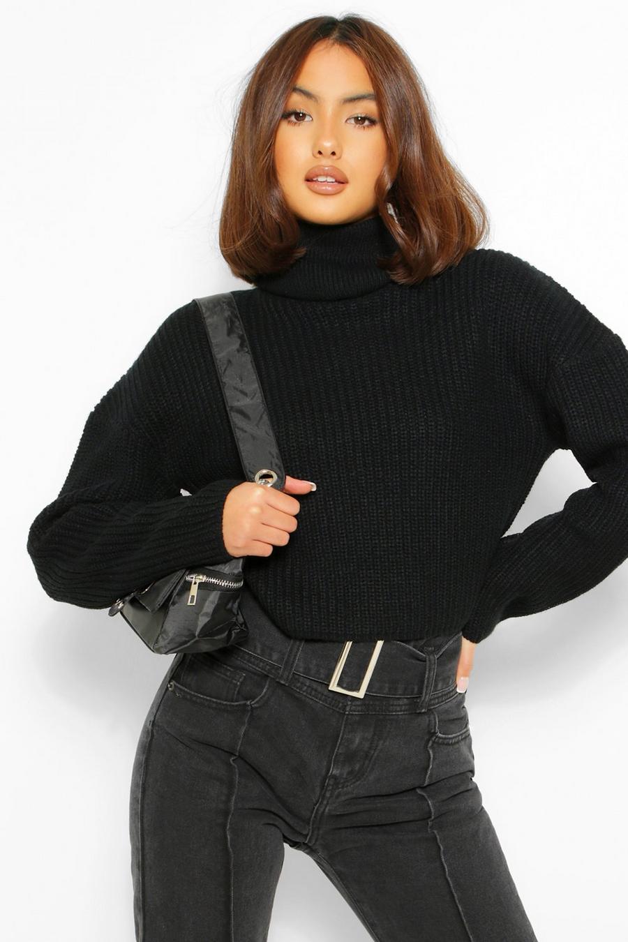 Black Slouchy Chunky Knit Cropped Jumper image number 1