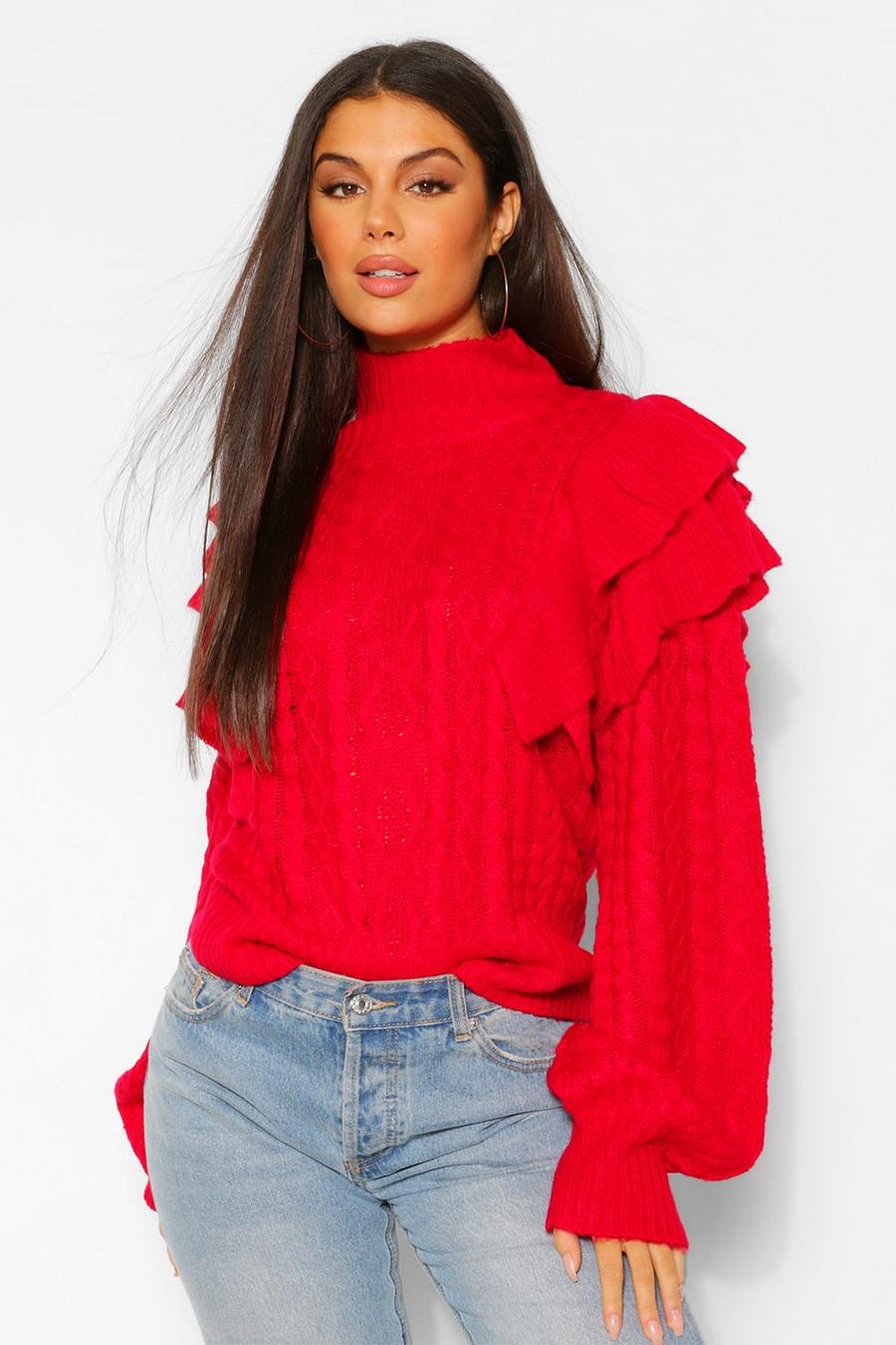 Berry High Neck Ruffle Shoulder Sweater image number 1