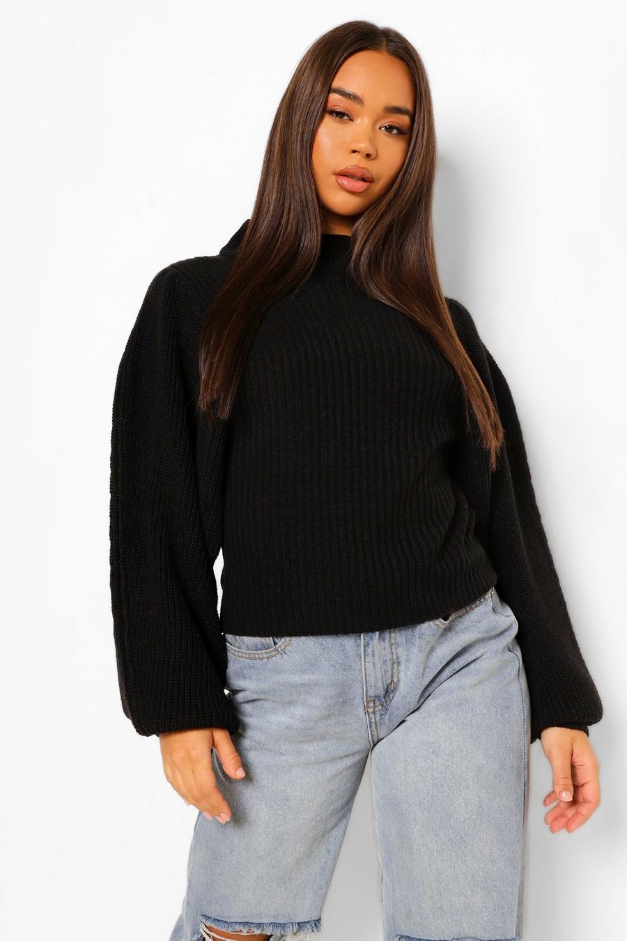 Black High Neck Chunky Knit Balloon Sleeve Sweater image number 1