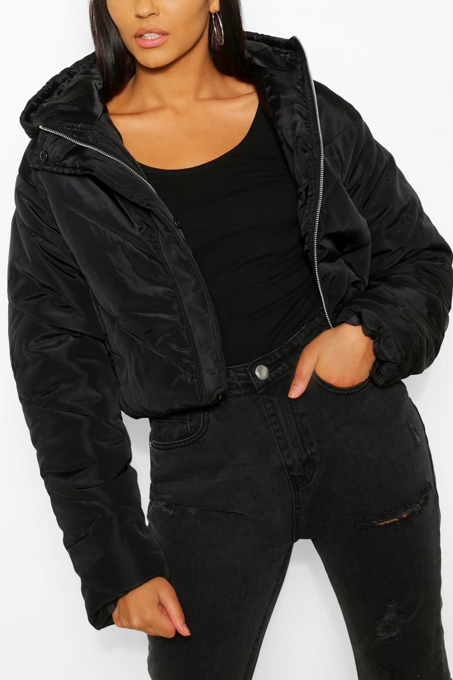 Black Cropped Paneled Hooded Puffer Jacket image number 1