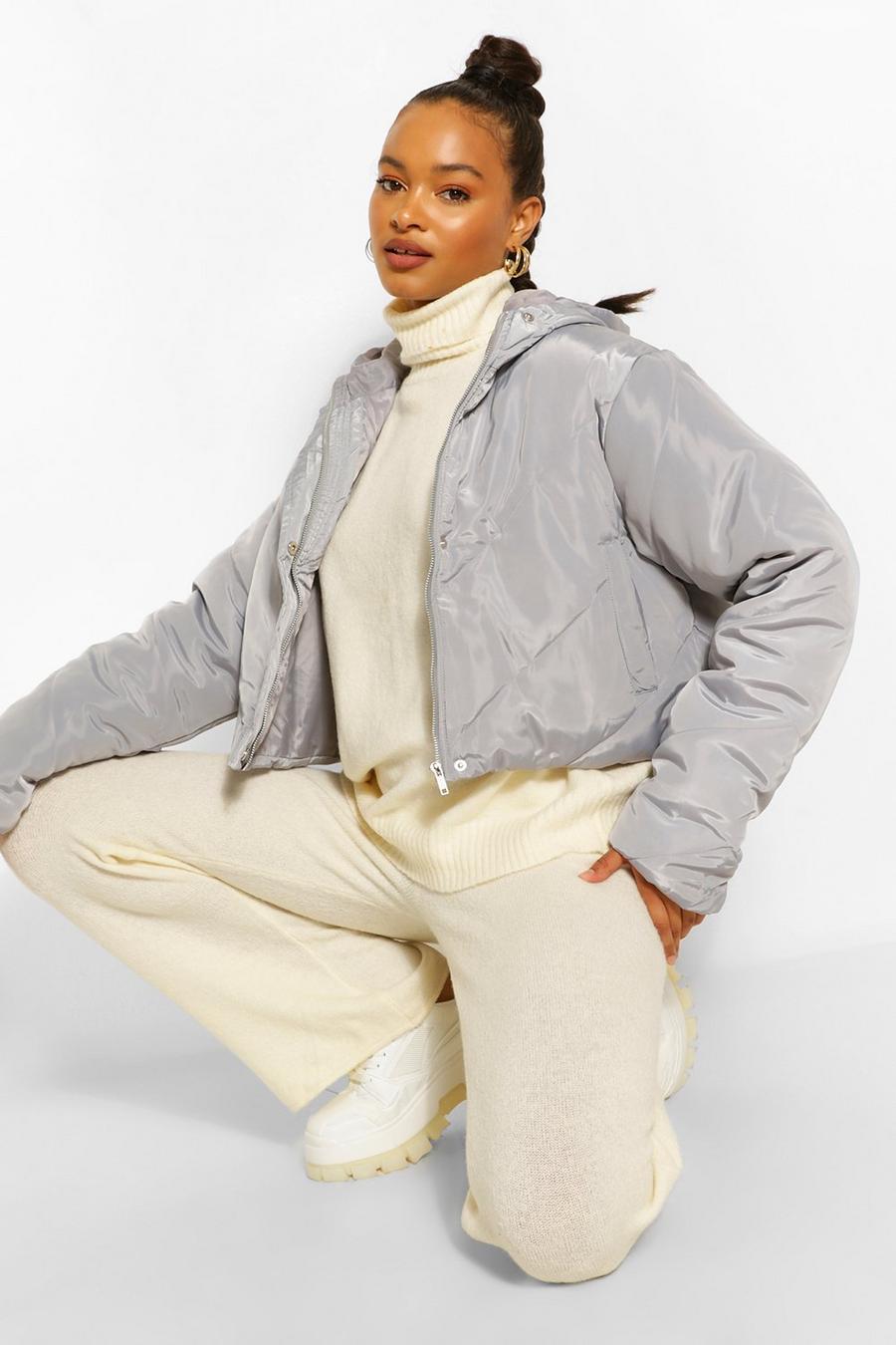 Grey Cropped Panelled Hooded Puffer Jacket image number 1
