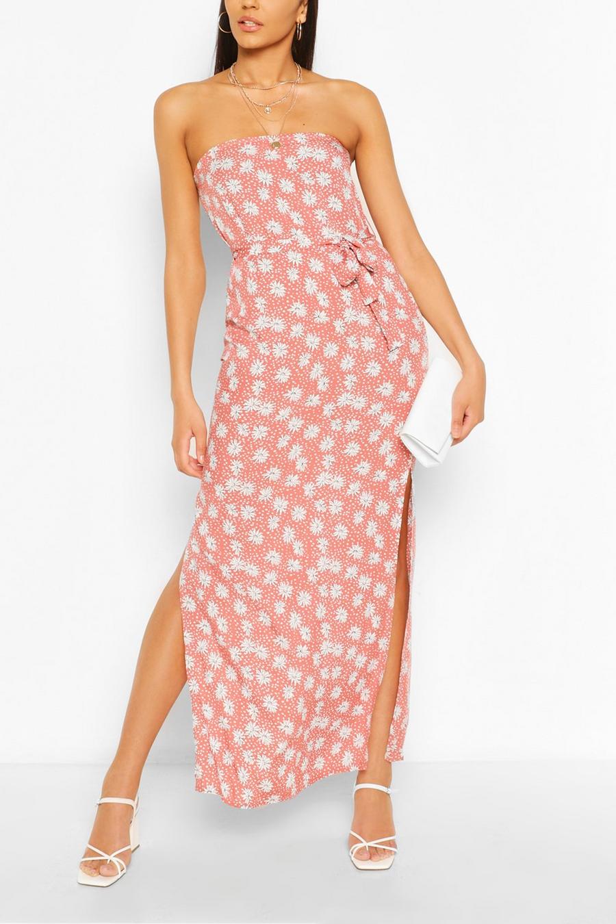 Pink Bandeau Floral Mix Print Belted Maxi Dress image number 1