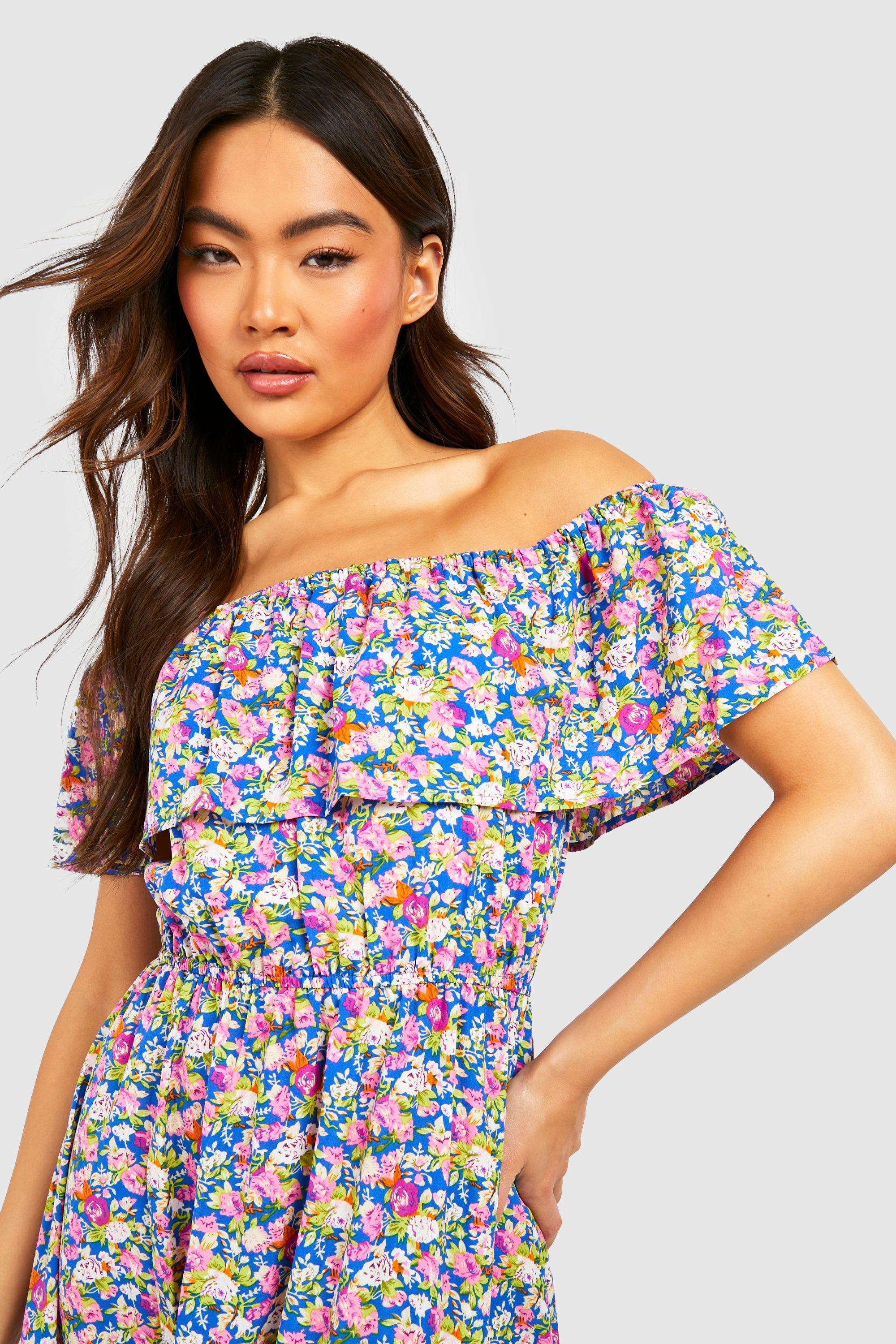 Boohoo floral off hot sale the shoulder dress