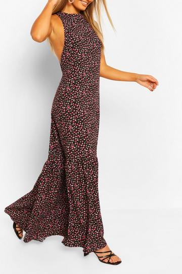 High Neck Tiered Hem Ditsy Maxi Dress black