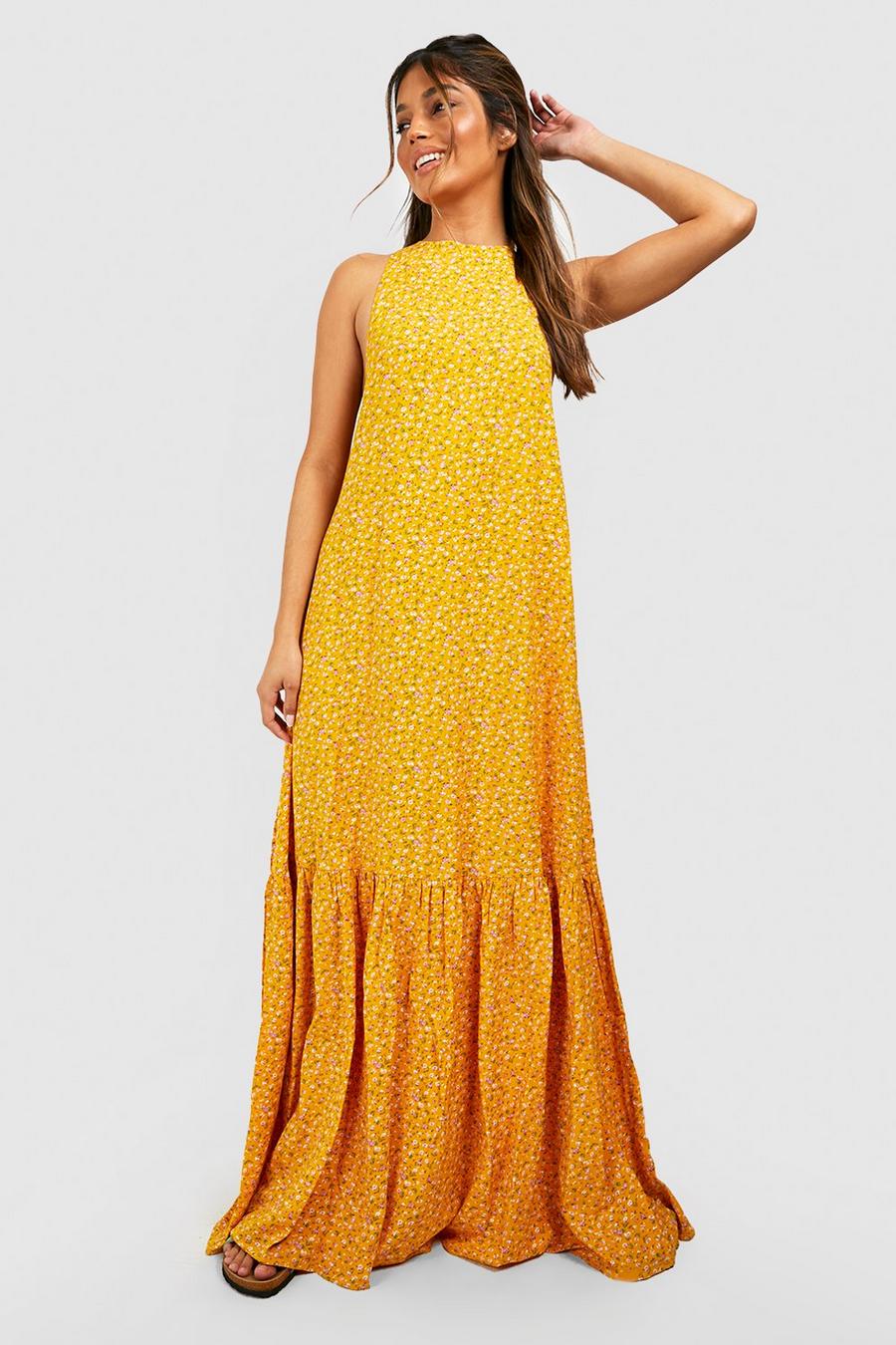 חרדל giallo שמלת מקסי פרחונית עם מכפלת מדורגת וצווארון גבוה