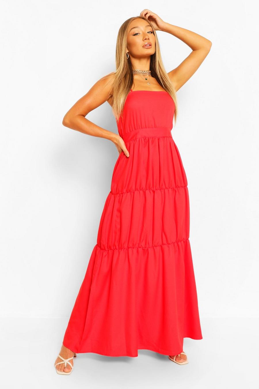 Red Tiered Strappy Maxi Dress image number 1