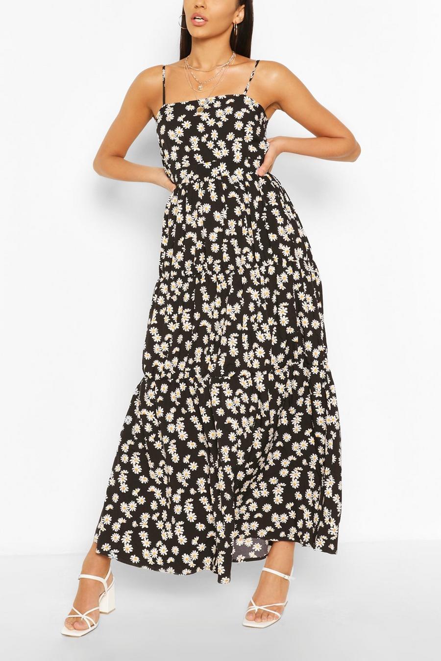 Black Tiered Strappy Daisy Print Maxi Dress image number 1