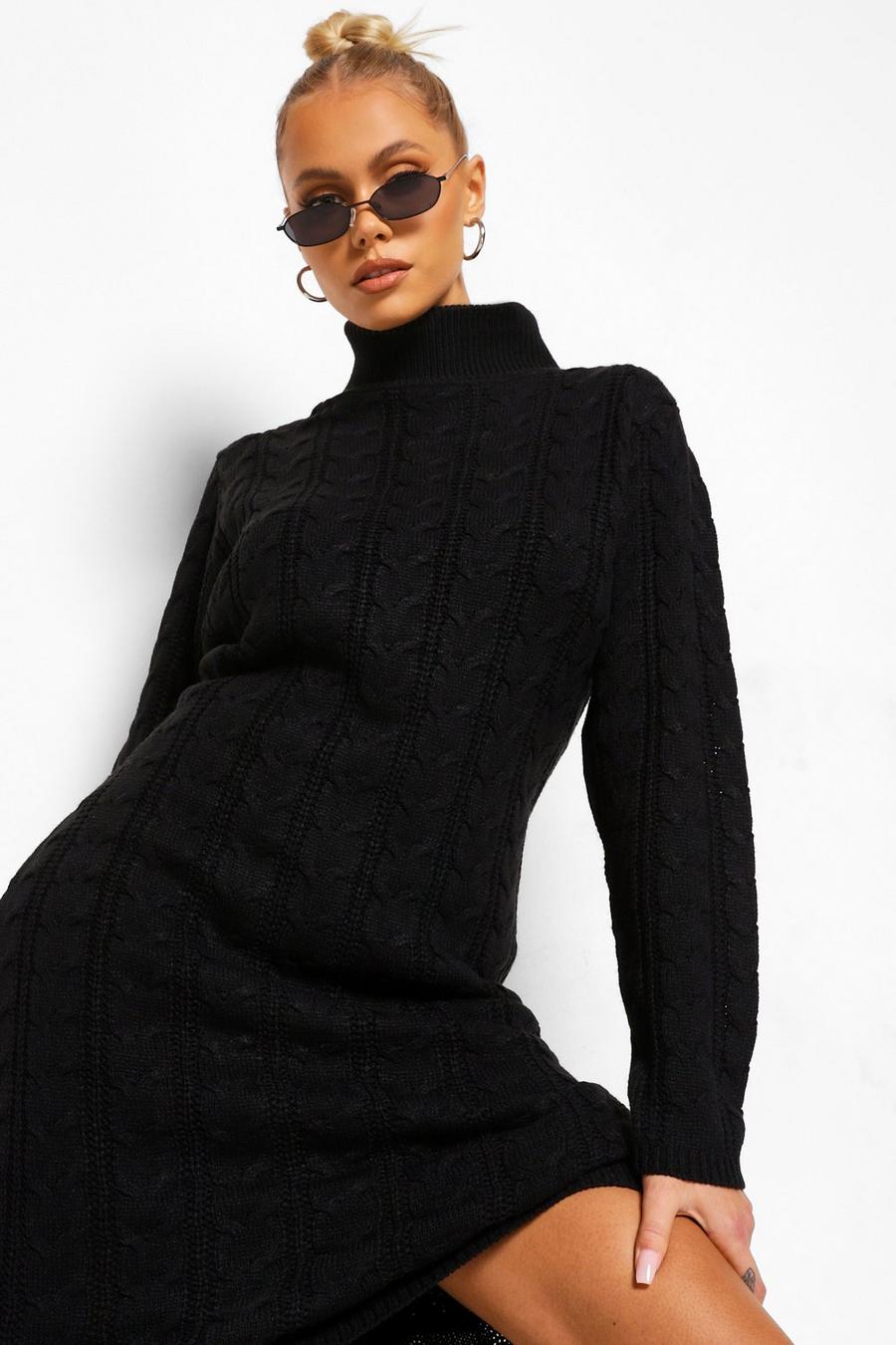 שחור שמלת סוודר בדוגמת צמה עם צווארון נגלל
