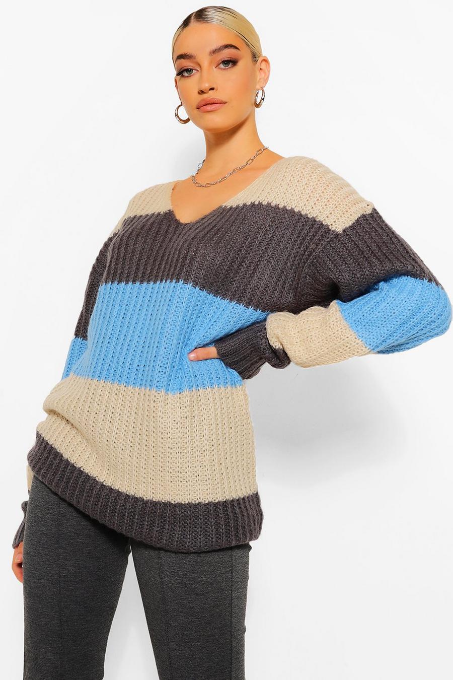 Charcoal Soft Knit V Neck Striped Sweater image number 1