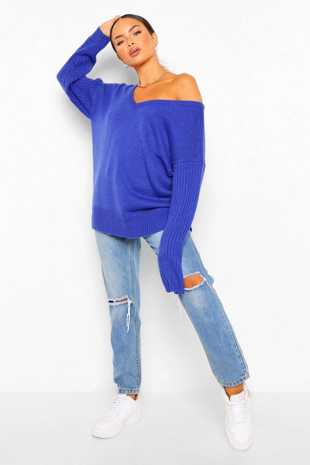 Blue off discount the shoulder jumper