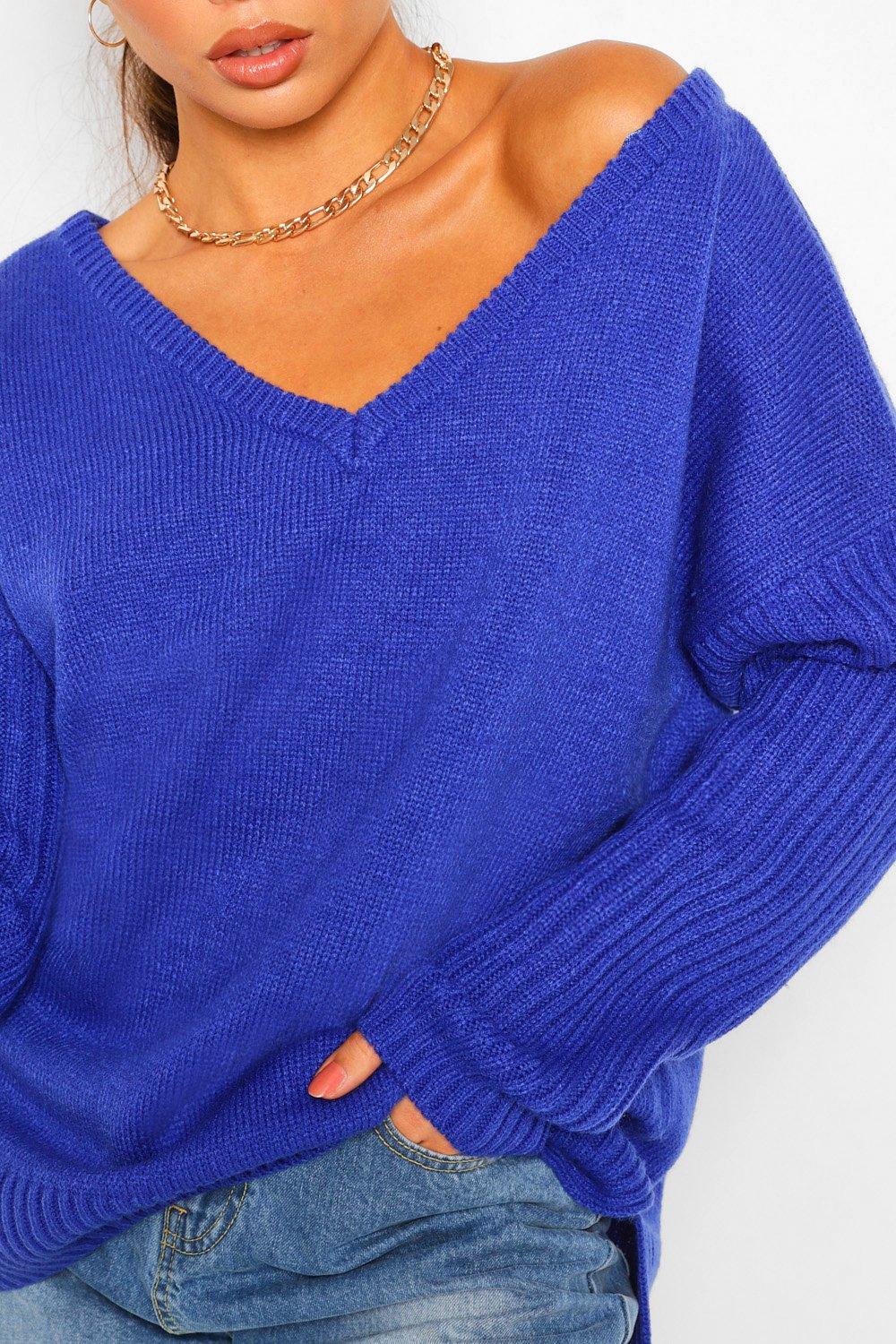 V Neck Off Shoulder Ribbed Jumper