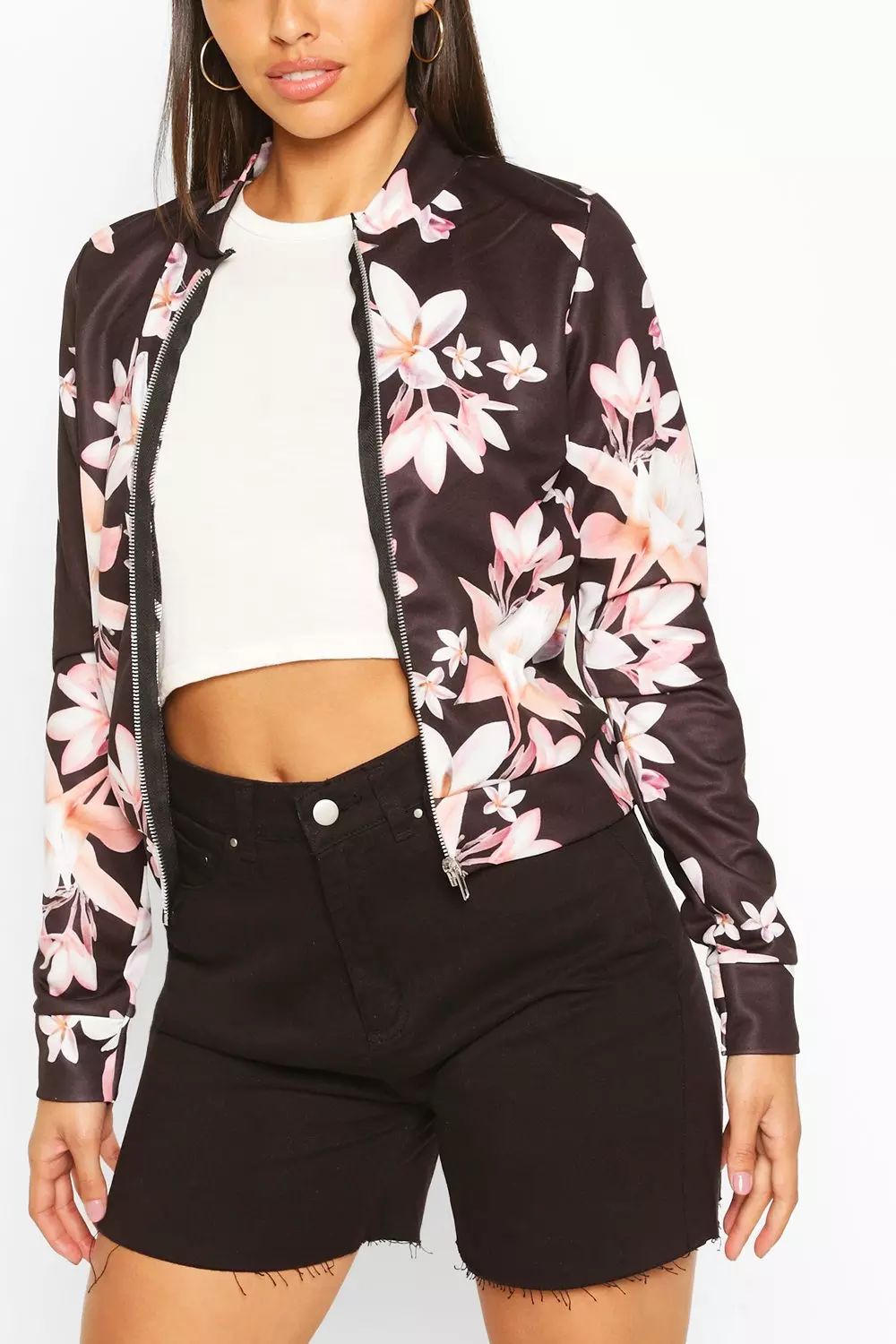 Black floral bomber jacket womens sale