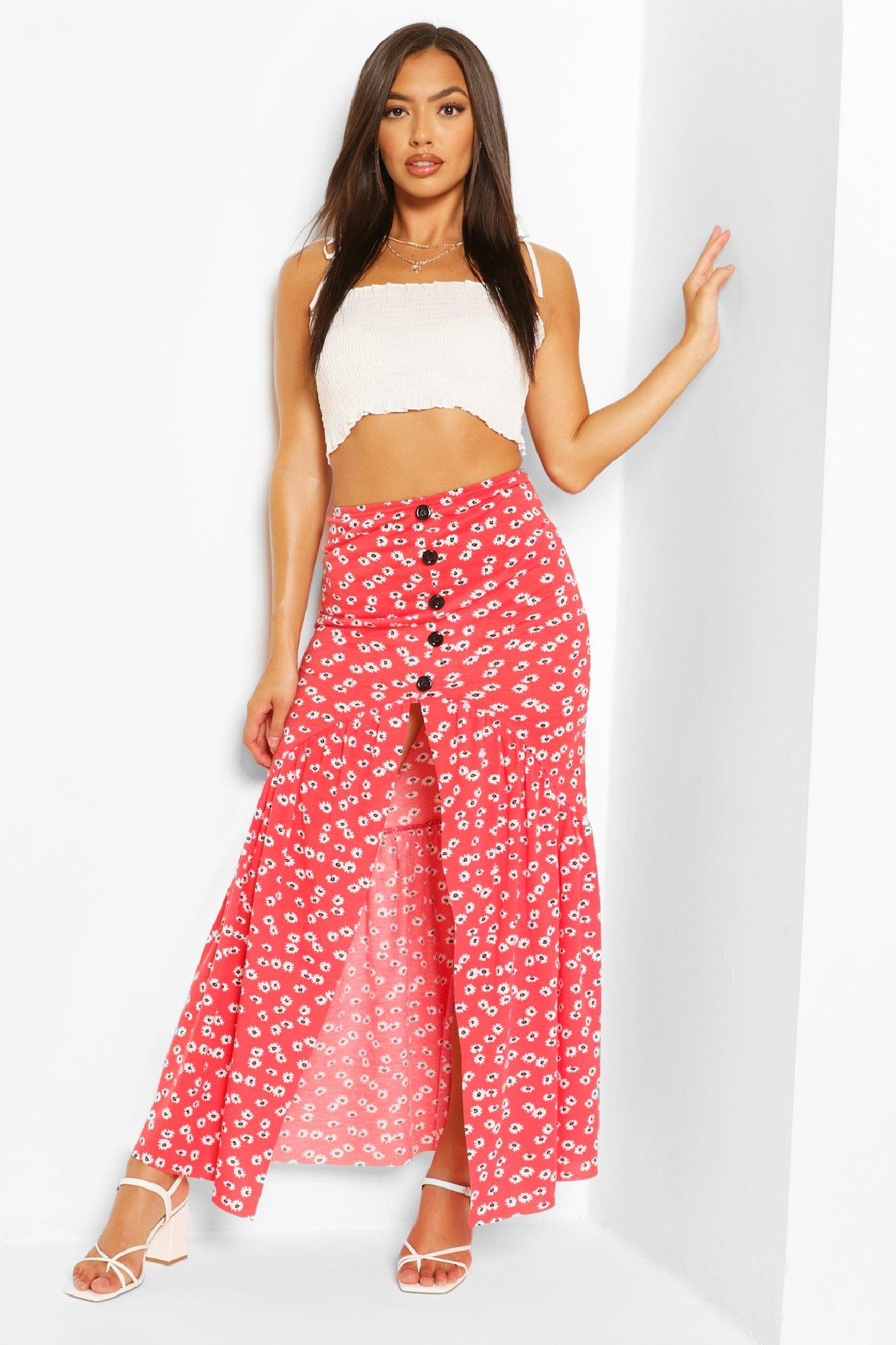 Ditsy Floral Button Front Drop Hem Maxi Skirt