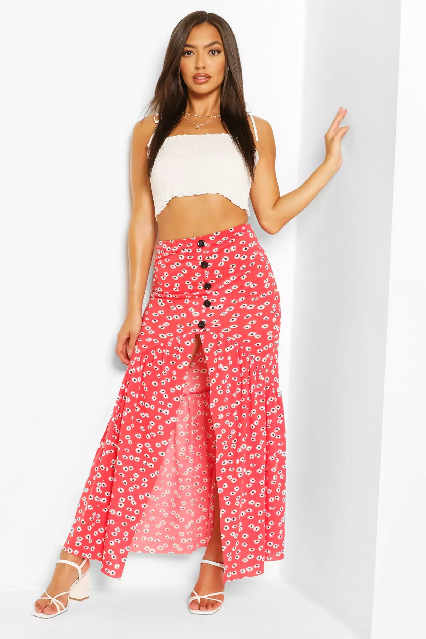 Floral dip clearance hem maxi skirt