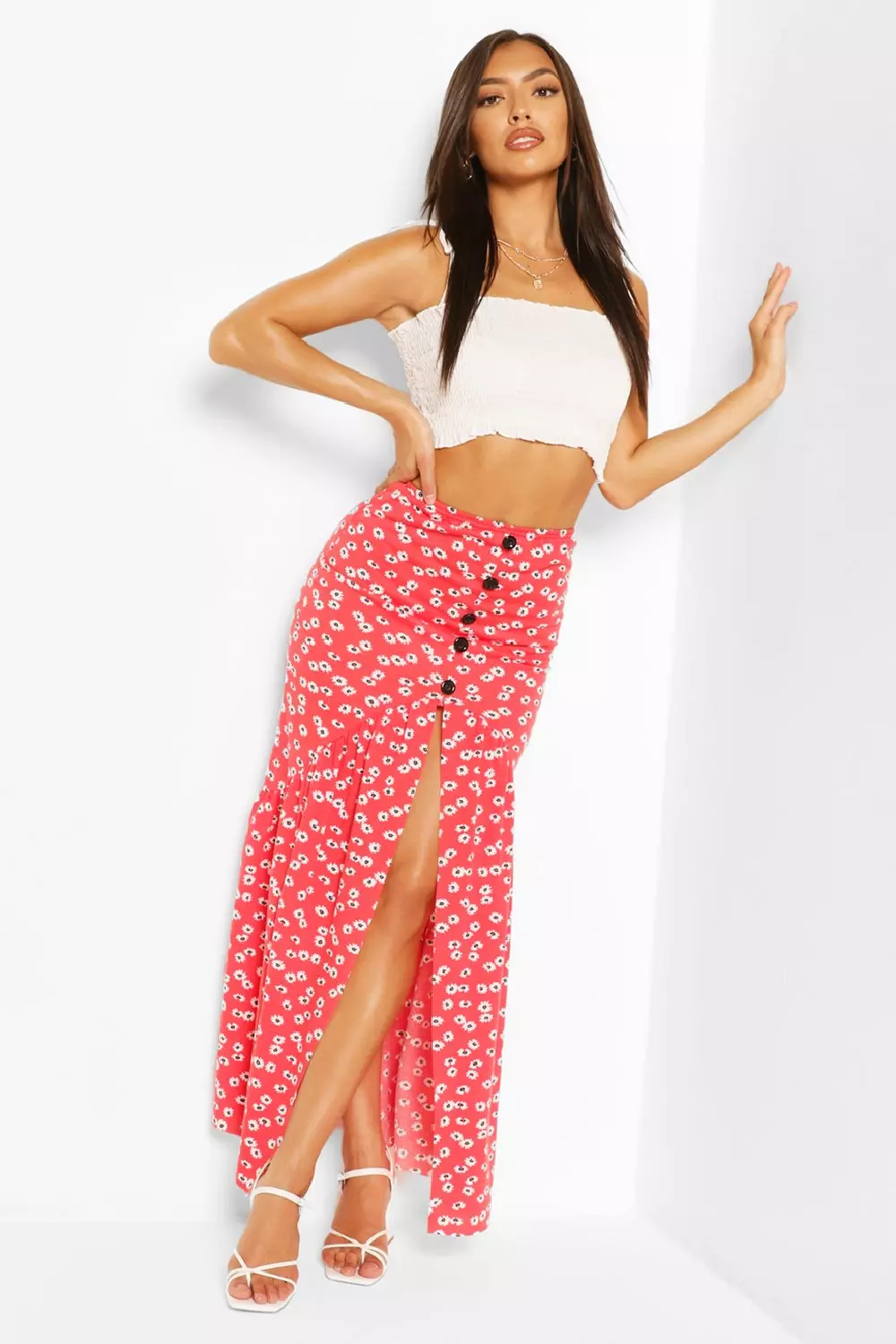 Ditsy Floral Button Front Drop Hem Maxi Skirt