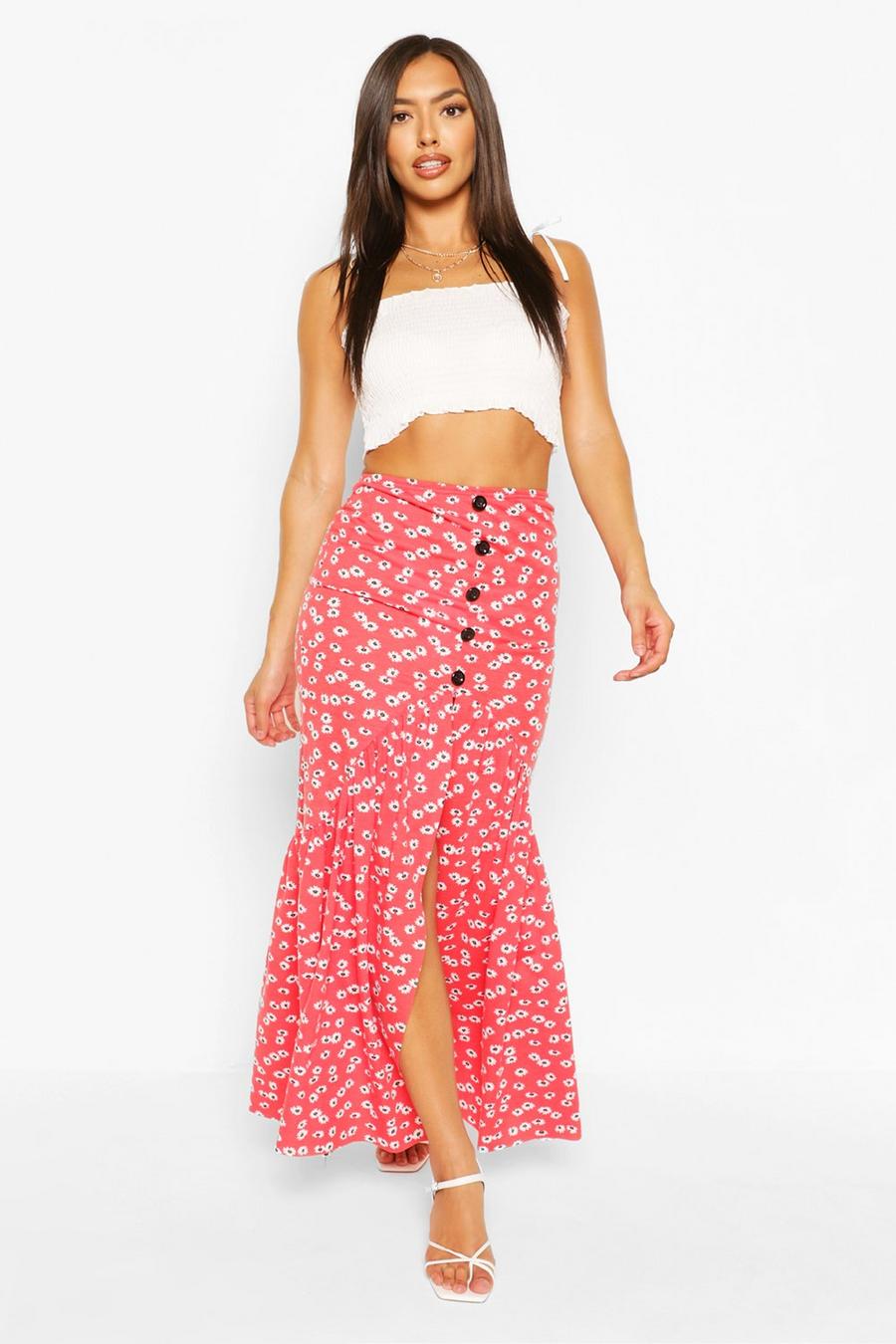 Red Ditsy Floral Button Front Drop Hem Maxi Skirt image number 1