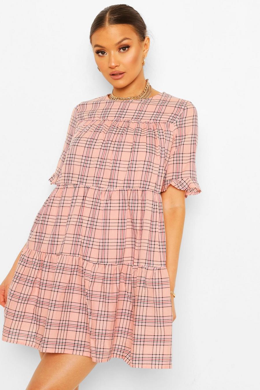 Short Sleeve Tiered Check Smock Dress image number 1