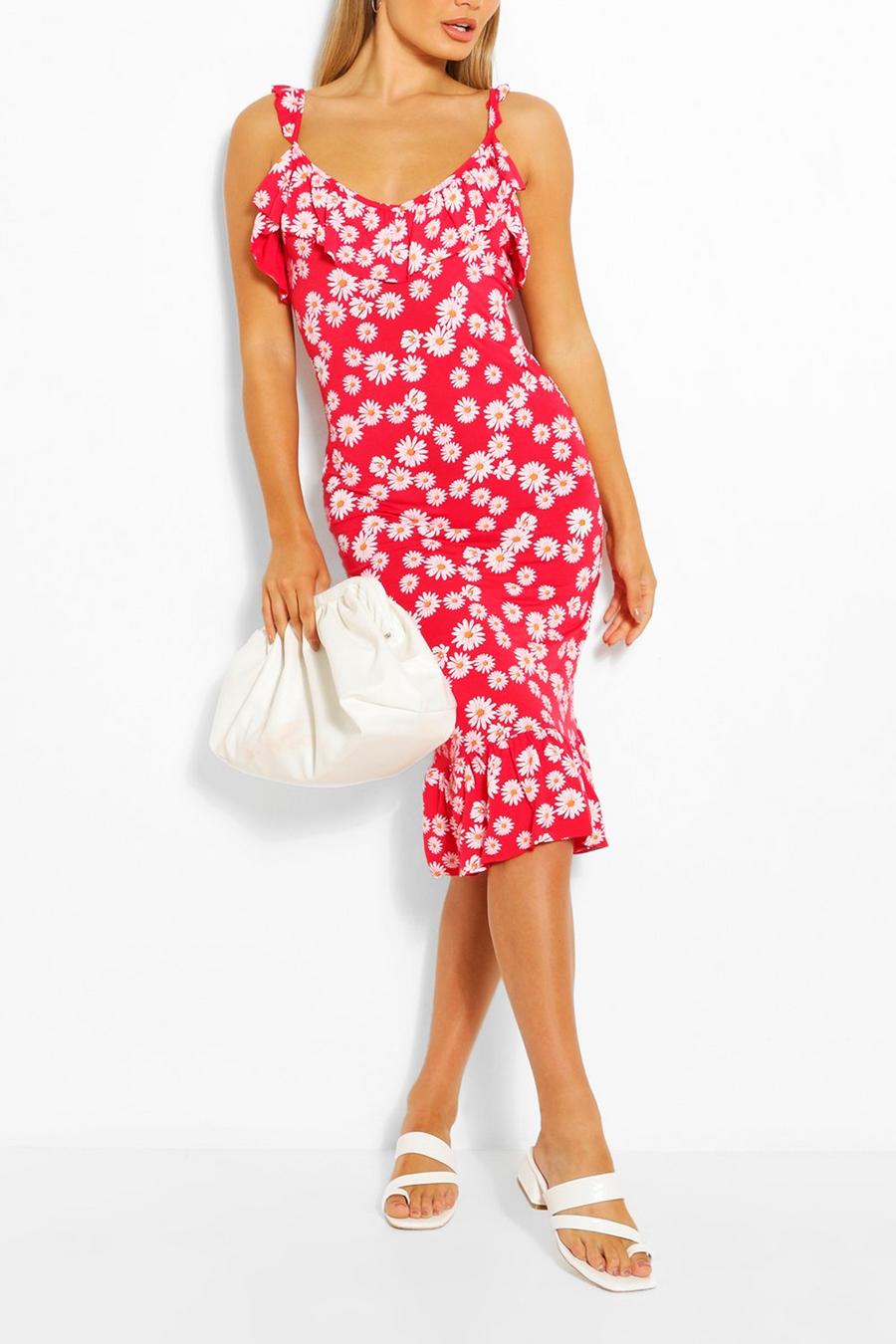 Red Daisy Ruffle Detail Midi Dress image number 1